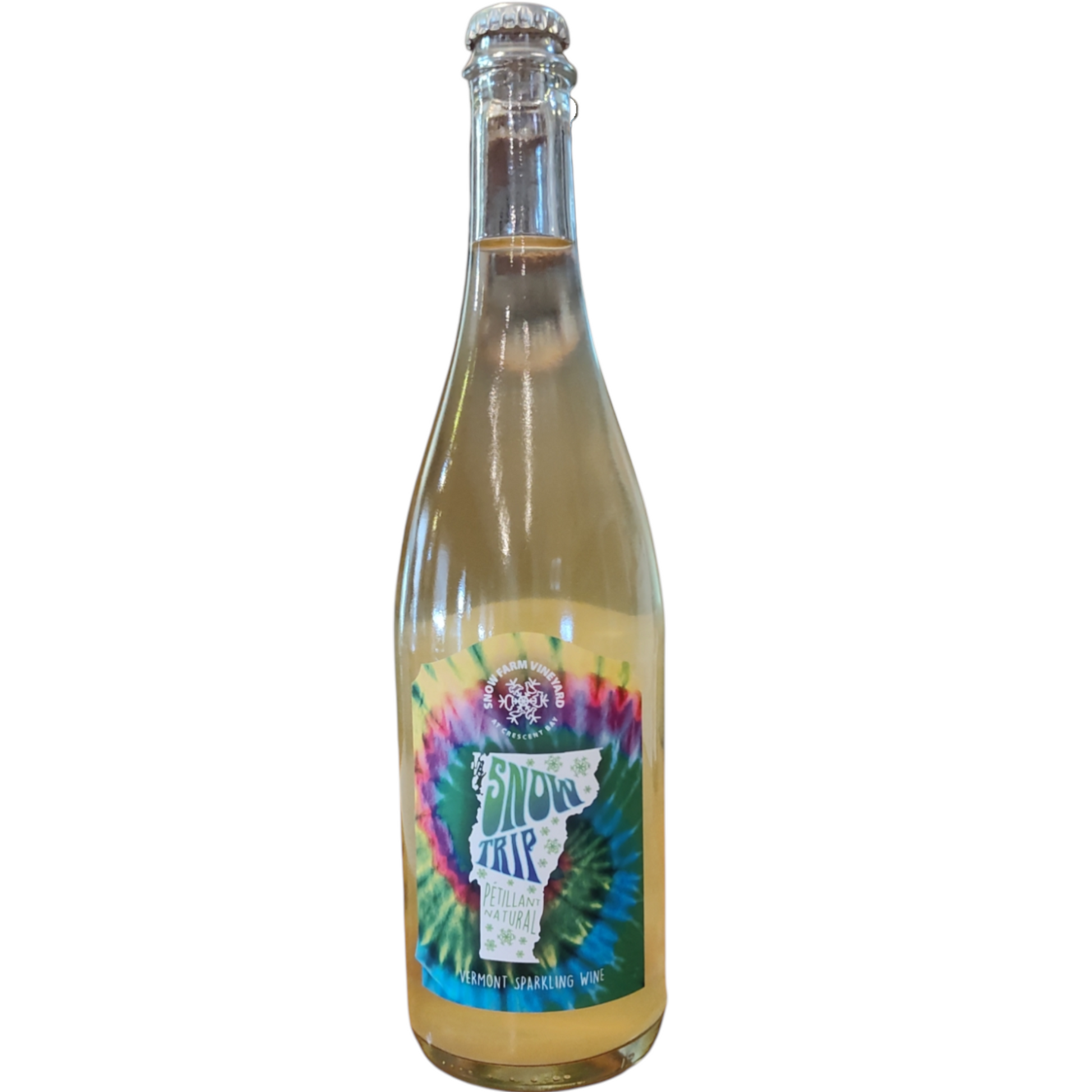 Stowe Public House & Bottle Shop Snow Farm Snow Trip Pet-Nat Vermont sparkling wine bottle with a tie-dye label featuring the state of Vermont.