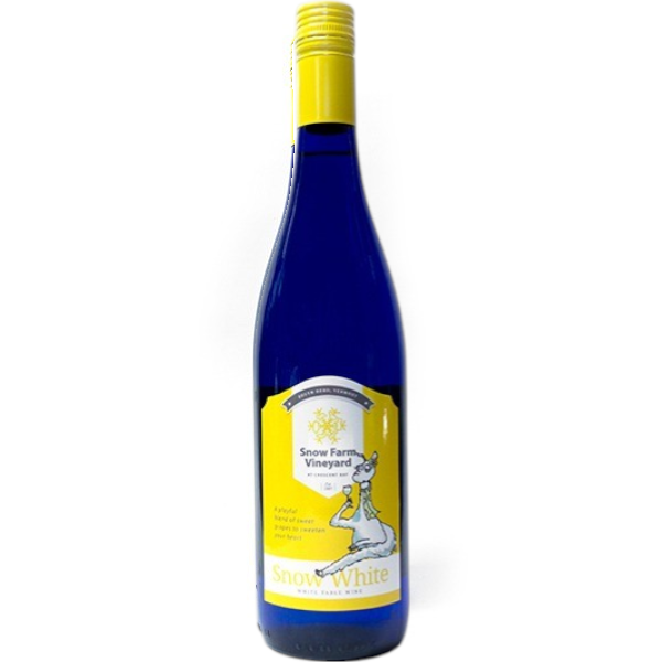 Stowe Public House & Bottle Shop Snow White wine from Snow Farm Vineyard, a white table wine in a blue bottle with a yellow label featuring a cartoon llama.
