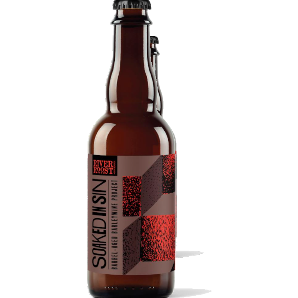 Stowe Public House & Bottle Shop River Roost Soaked in Sin barrel-aged barleywine bottle. Dark brown glass bottle with a maroon and brown label featuring red abstract patterns.