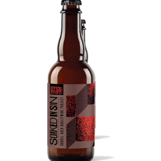 Stowe Public House & Bottle Shop River Roost Soaked in Sin barrel-aged barleywine bottle. Dark brown glass bottle with a maroon and brown label featuring red abstract patterns.