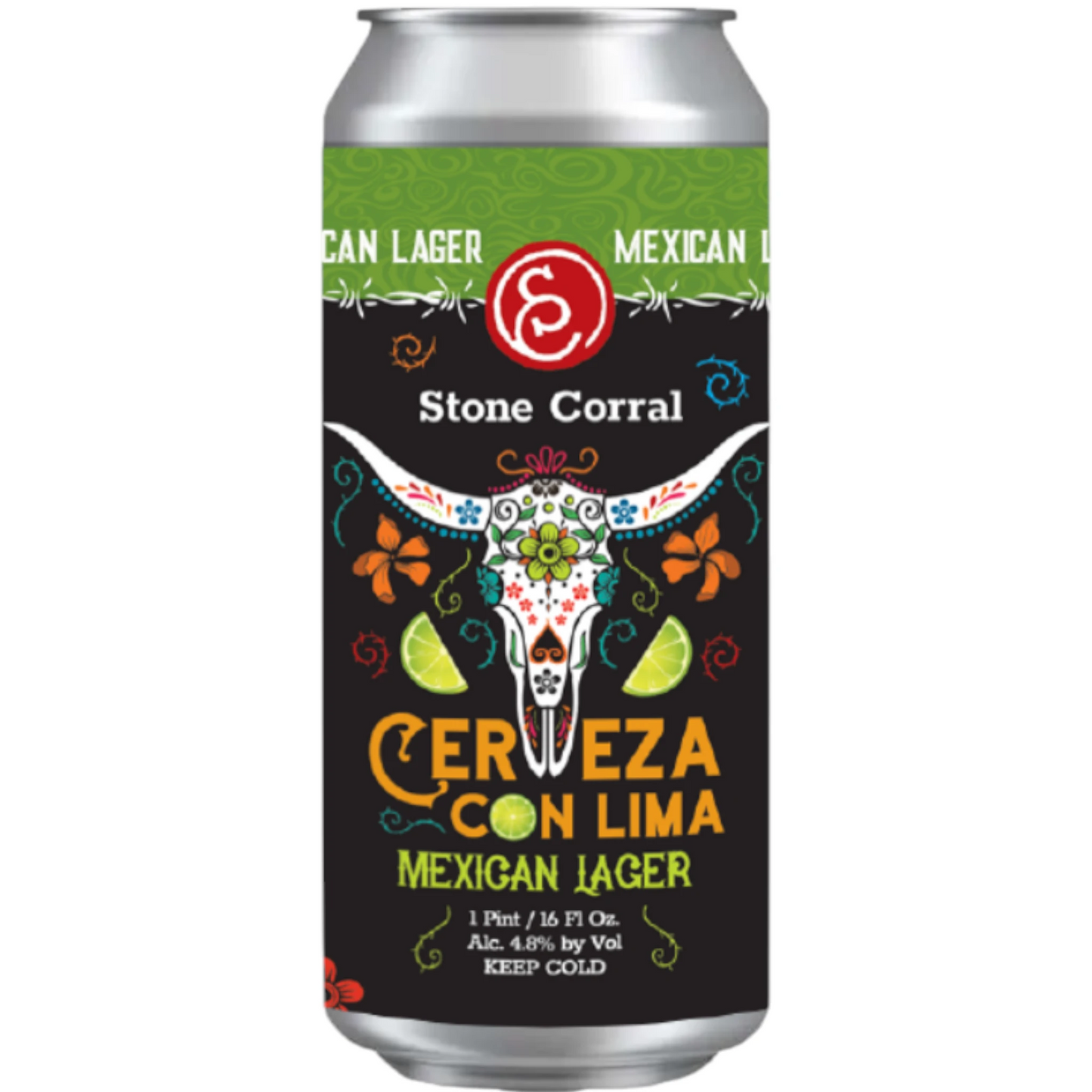 Stowe Public House & Bottle Shop Stone Corral Brewery Cerveza con Lima Mexican Lager can with lime and bull skull design.