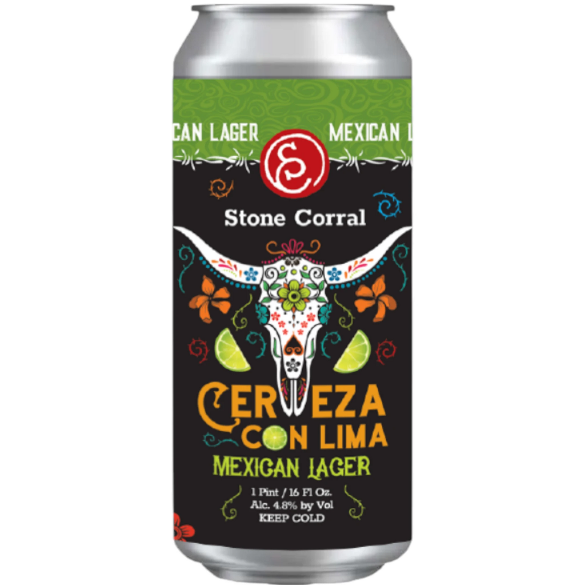 Stowe Public House & Bottle Shop Stone Corral Brewery Cerveza con Lima Mexican Lager can with lime and bull skull design.