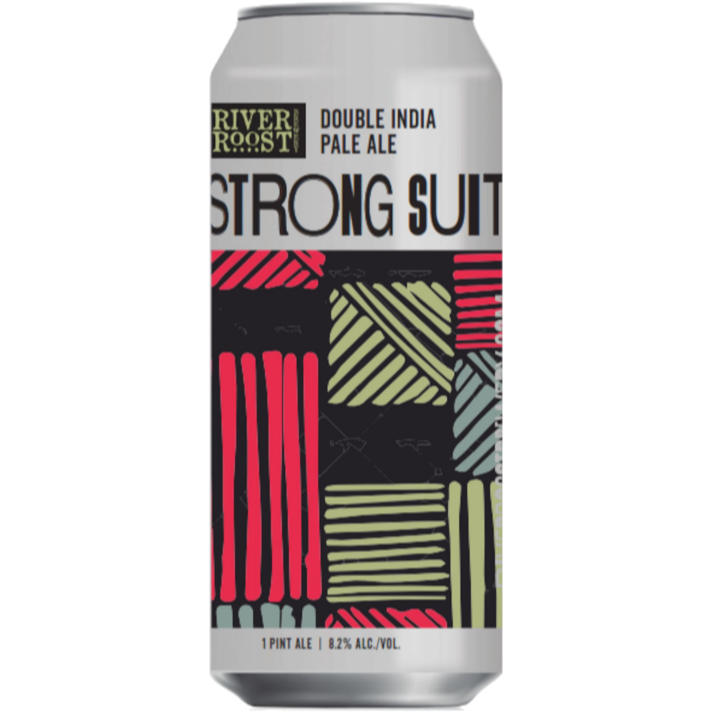 River Roost Brewery Strong Suit Double India Pale Ale can with mosaic hop design, 8.2% ABV.