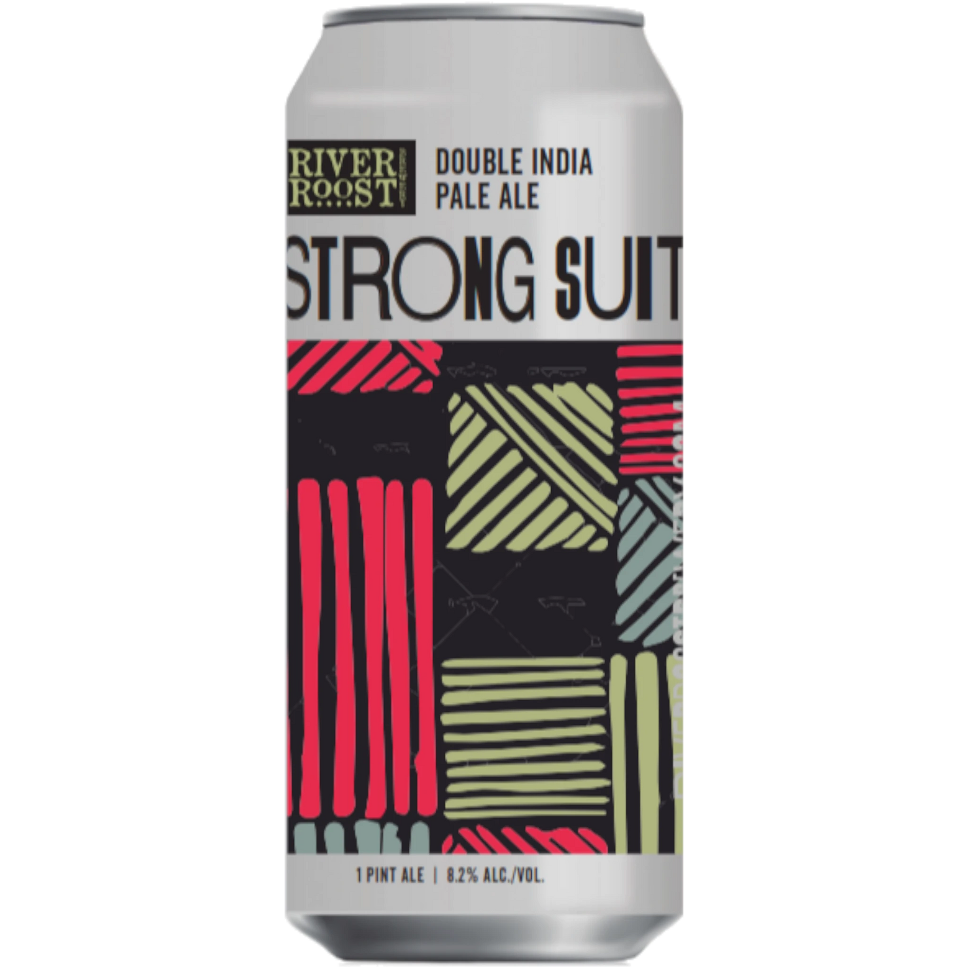 River Roost Brewery Strong Suit Double India Pale Ale can with mosaic hop design, 8.2% ABV.