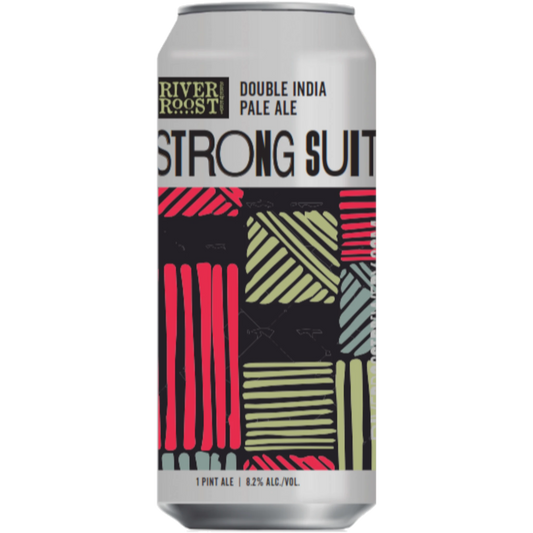 River Roost Brewery Strong Suit Double India Pale Ale can with mosaic hop design, 8.2% ABV.