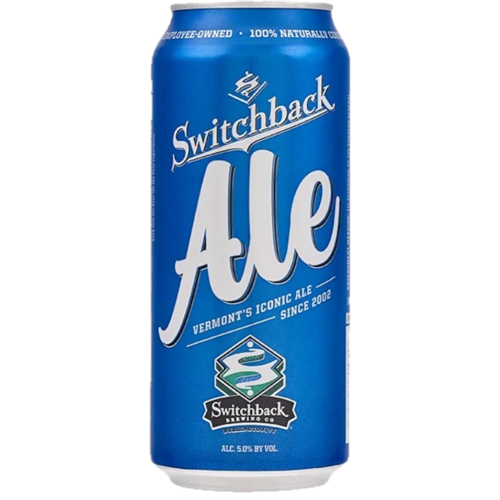 Stowe Public House & Bottle Shop: Blue can of Switchback Ale, Vermont's iconic ale since 2002, 5.0% ABV.