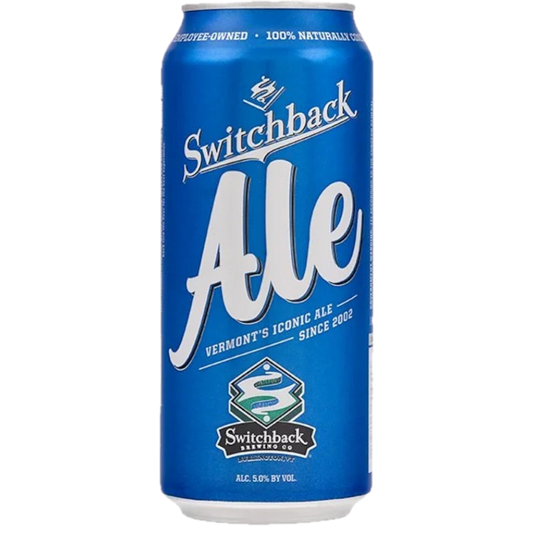 Stowe Public House & Bottle Shop: Blue can of Switchback Ale, Vermont's iconic ale since 2002, 5.0% ABV.