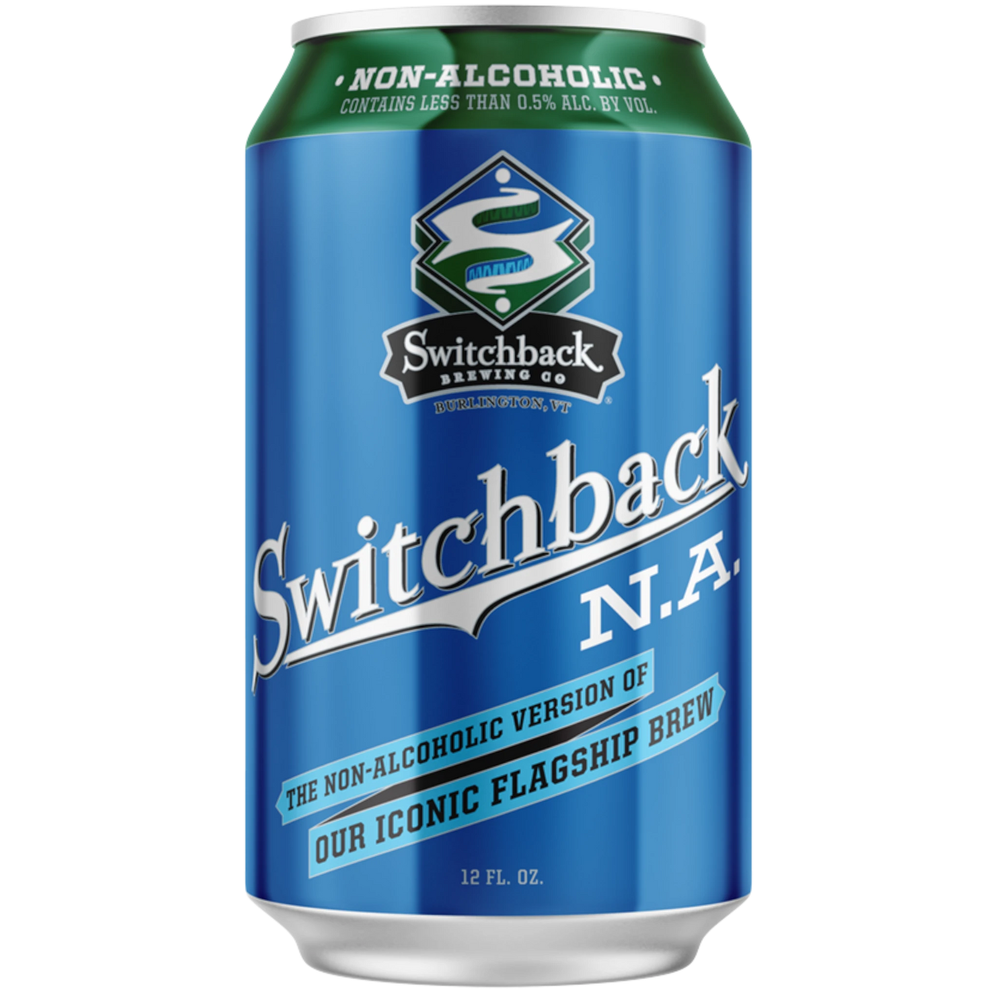 Stowe Public House & Bottle Shop Switchback N.A. non-alcoholic craft beer can. Blue can with green top and white text.