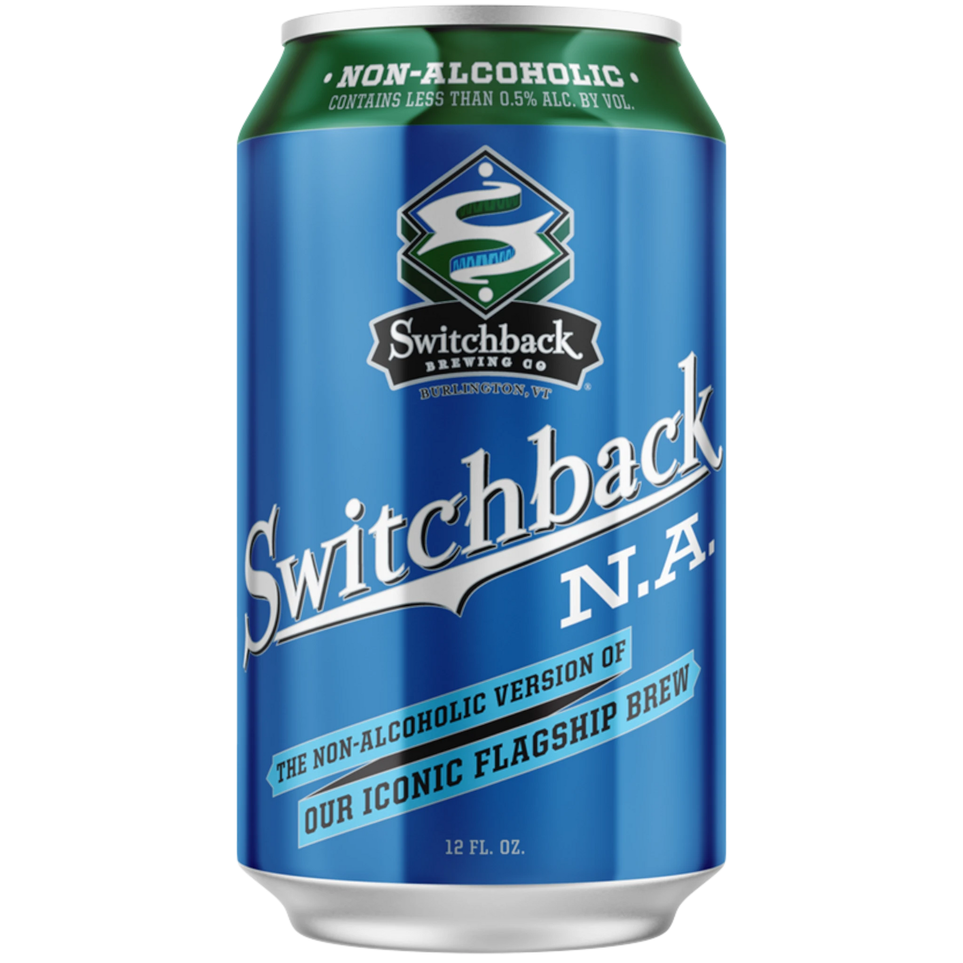 Stowe Public House & Bottle Shop Switchback N.A. non-alcoholic craft beer can. Blue can with green top and white text.