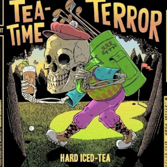 Stowe Public House & Bottle Shop Abomination Brewing Co. Tea-Time Terror Hard Tea, skeleton golfer with golf bag and drink.
