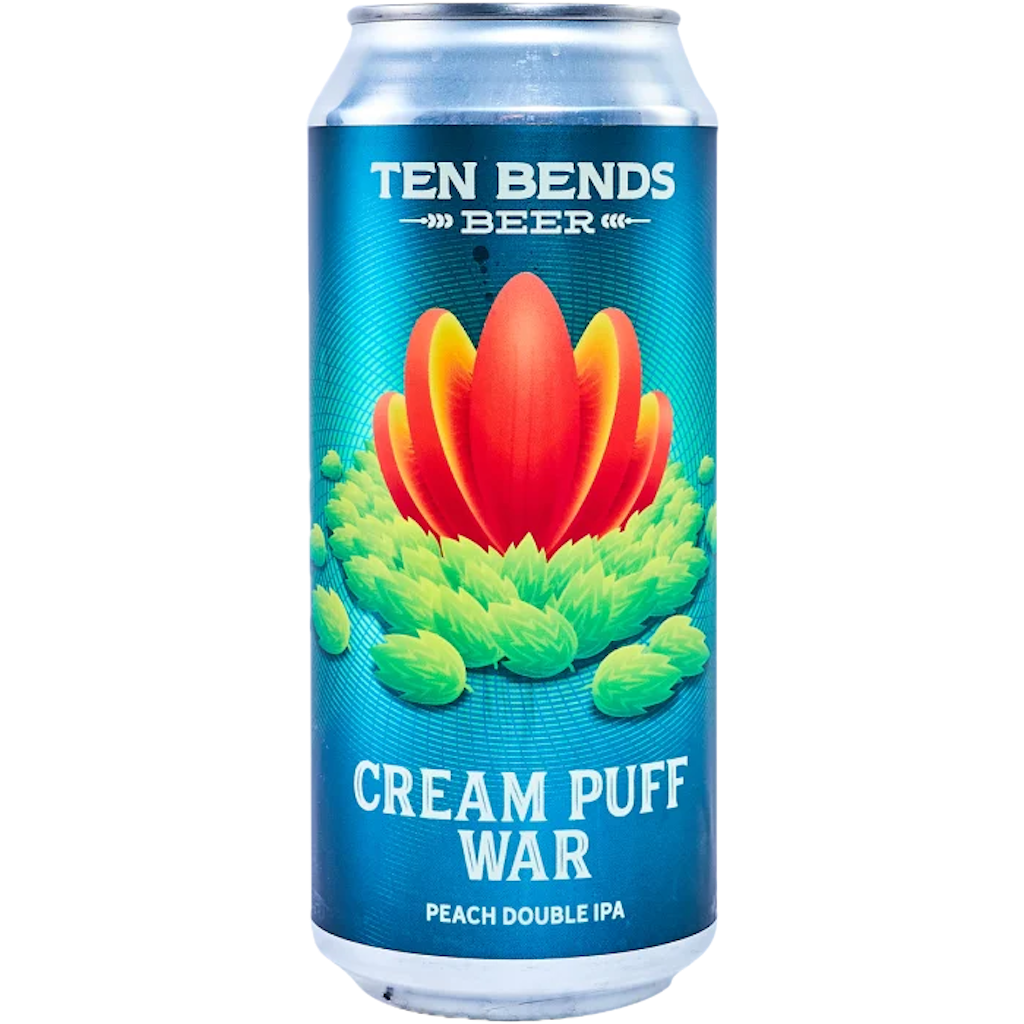Stowe Public House & Bottle Shop Ten Bends Beer Cream Puff War Peach Double IPA can. Features a red and yellow floral design surrounded by green hops on a blue background.