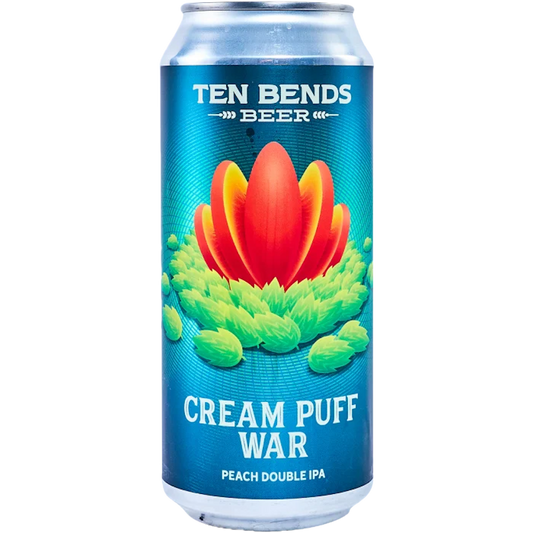 Stowe Public House & Bottle Shop Ten Bends Beer Cream Puff War Peach Double IPA can. Features a red and yellow floral design surrounded by green hops on a blue background.