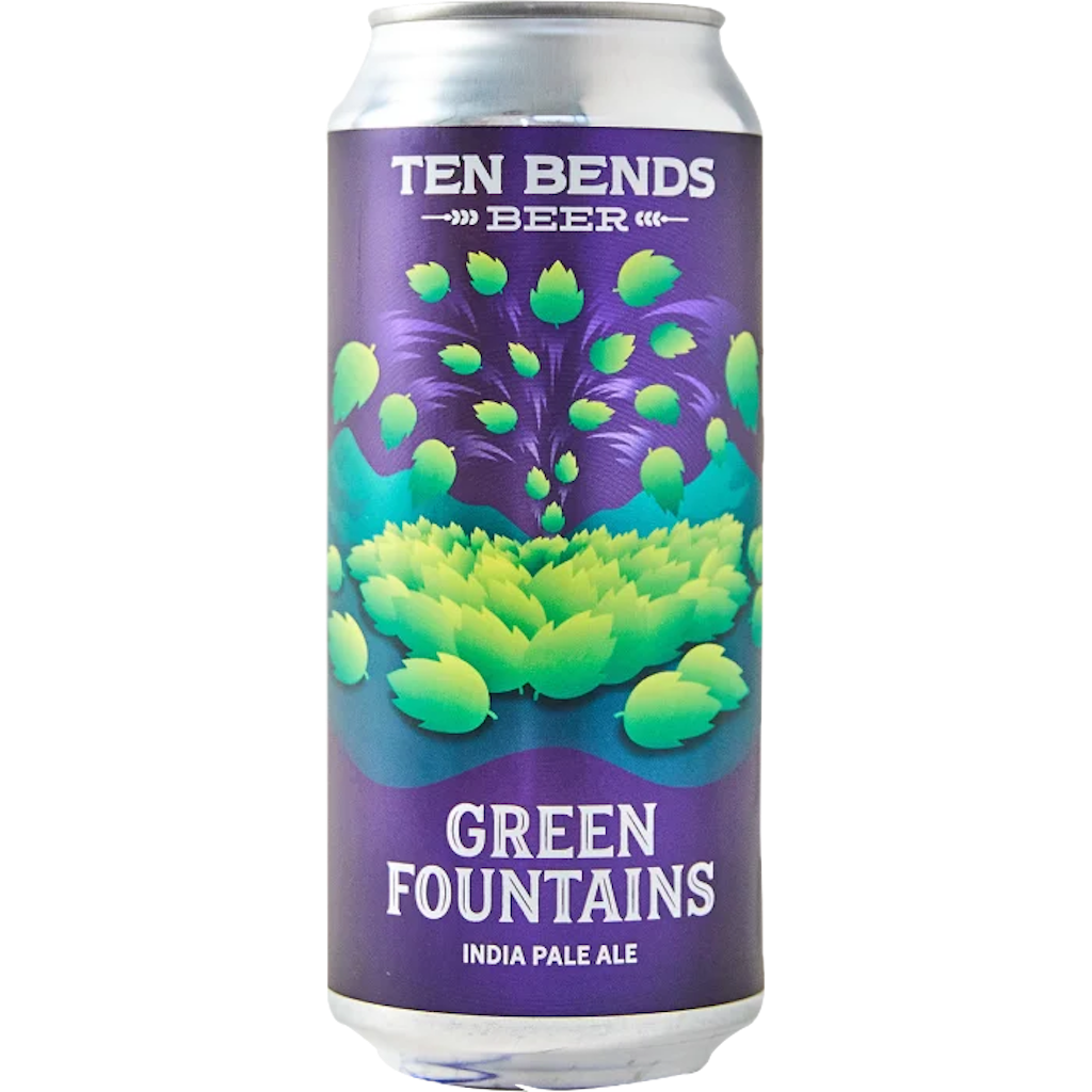Stowe Public House & Bottle Shop Ten Bends Green Fountains India Pale Ale can with purple and green hop design.