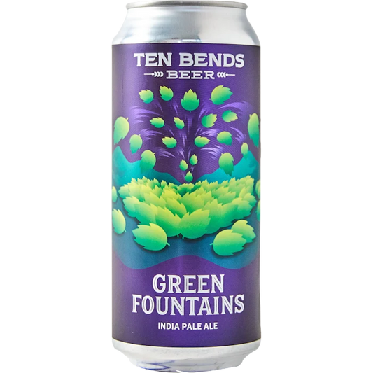 Stowe Public House & Bottle Shop Ten Bends Green Fountains India Pale Ale can with purple and green hop design.
