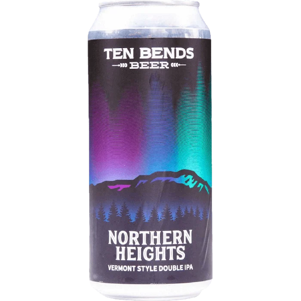 Stowe Public House & Bottle Shop Ten Bends Beer Northern Heights Vermont Style Double IPA can with aurora borealis design.