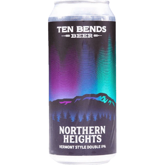 Stowe Public House & Bottle Shop Ten Bends Beer Northern Heights Vermont Style Double IPA can with aurora borealis design.