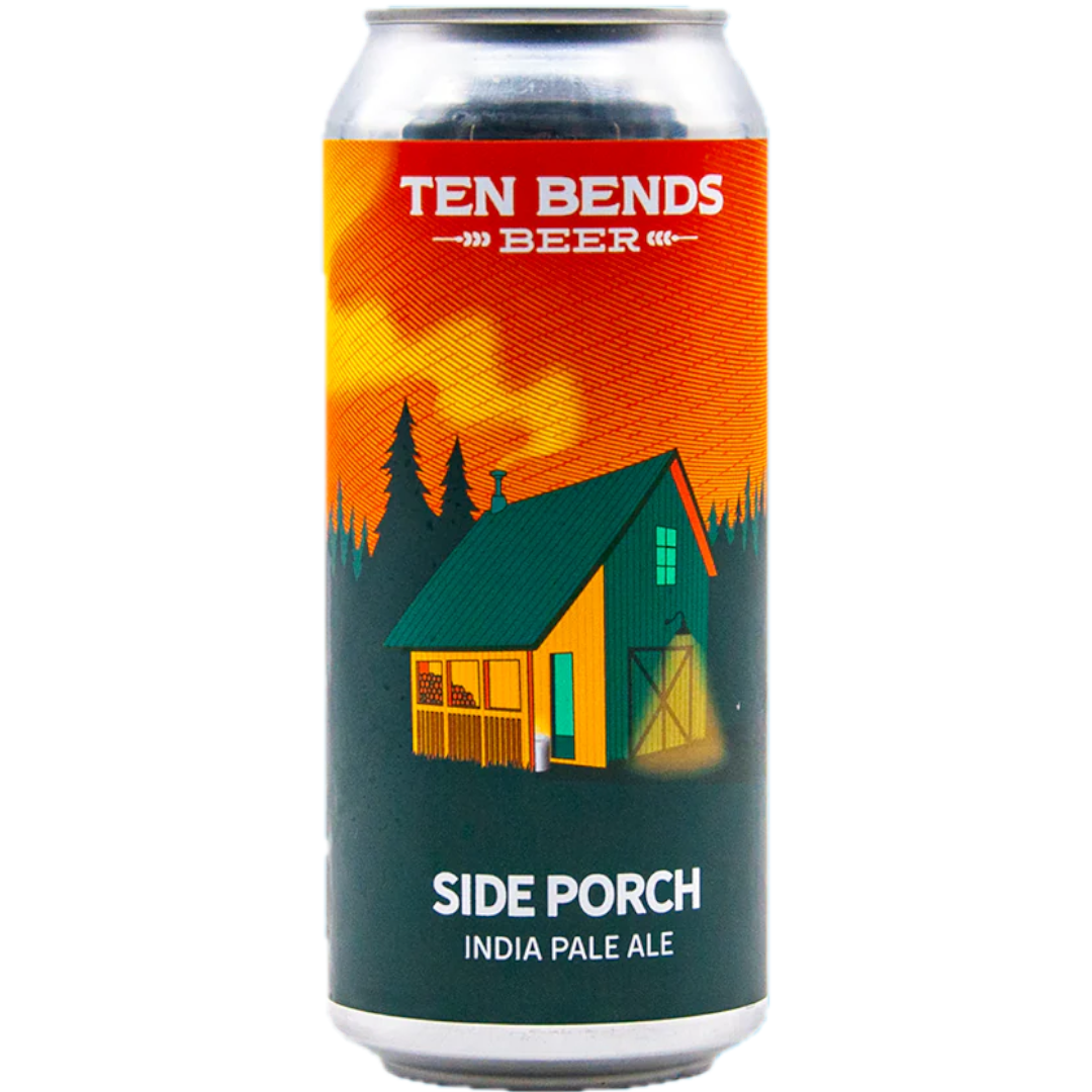 Stowe Public House & Bottle Shop Ten Bends Side Porch India Pale Ale can with a cabin illustration and sunset.
