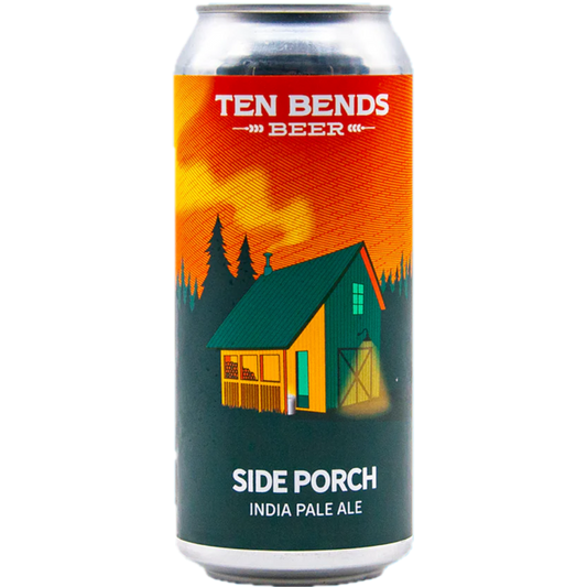 Stowe Public House & Bottle Shop Ten Bends Side Porch India Pale Ale can with a cabin illustration and sunset.