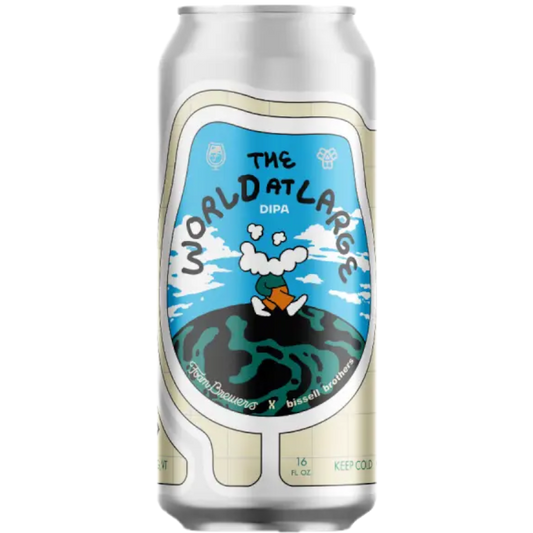 Stowe Public House & Bottle Shop The World at Large DIPA beer can with cartoon art. Notes of stone fruit, tropical flavors, citrus, and candied fruit.