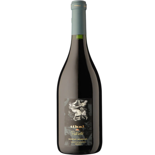 Stowe Public House & Bottle Shop: Tikal Patriota Bonarda-Malbec red wine bottle with a grey capsule and a dark label featuring artwork.