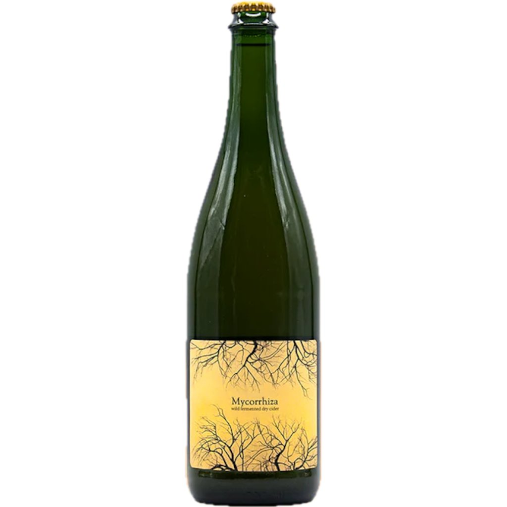 Stowe Public House & Bottle Shop Tin Hat Cider Mycorrhiza wild fermented dry cider in a green bottle with a yellow label featuring bare tree branches.