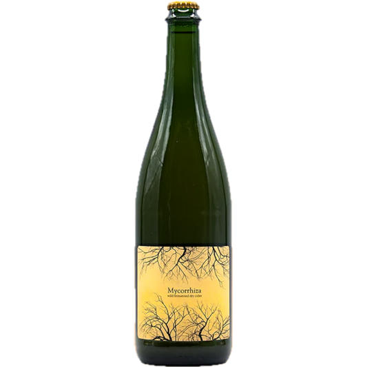 Stowe Public House & Bottle Shop Tin Hat Cider Mycorrhiza wild fermented dry cider in a green bottle with a yellow label featuring bare tree branches.