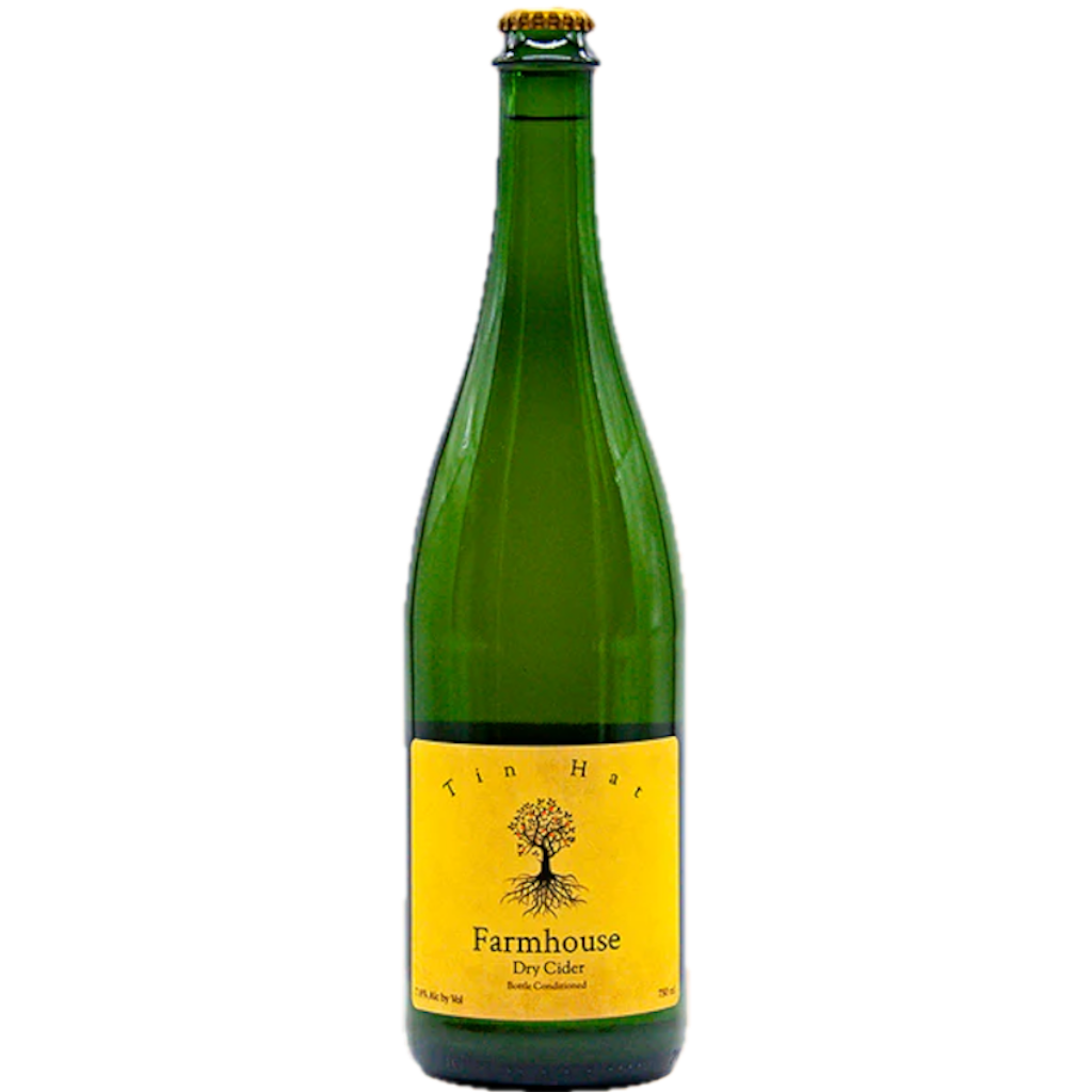 Stowe Public House & Bottle Shop Tin Hat Farmhouse dry cider in a green bottle with a yellow label featuring a tree.