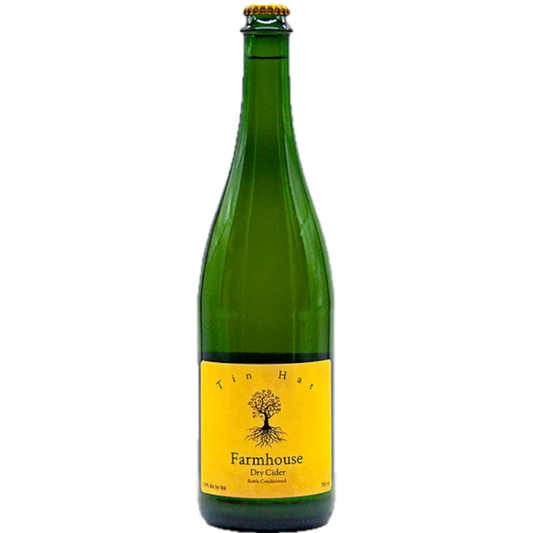 Stowe Public House & Bottle Shop Tin Hat Farmhouse dry cider in a green bottle with a yellow label featuring a tree.