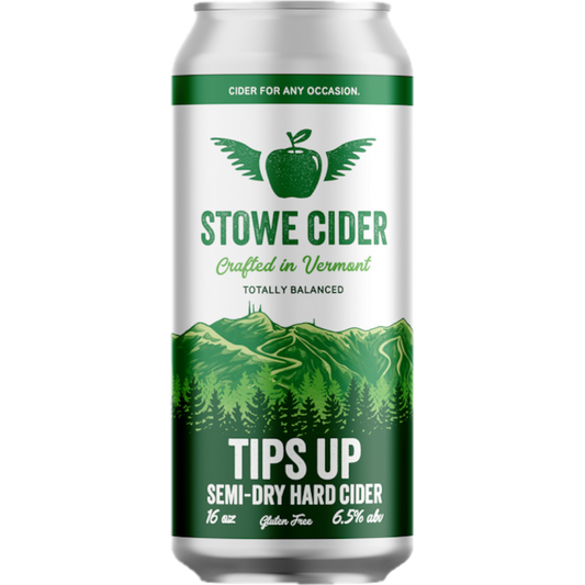 Stowe Public House & Bottle Shop Tips Up semi-dry hard cider can with green mountain and forest graphic.