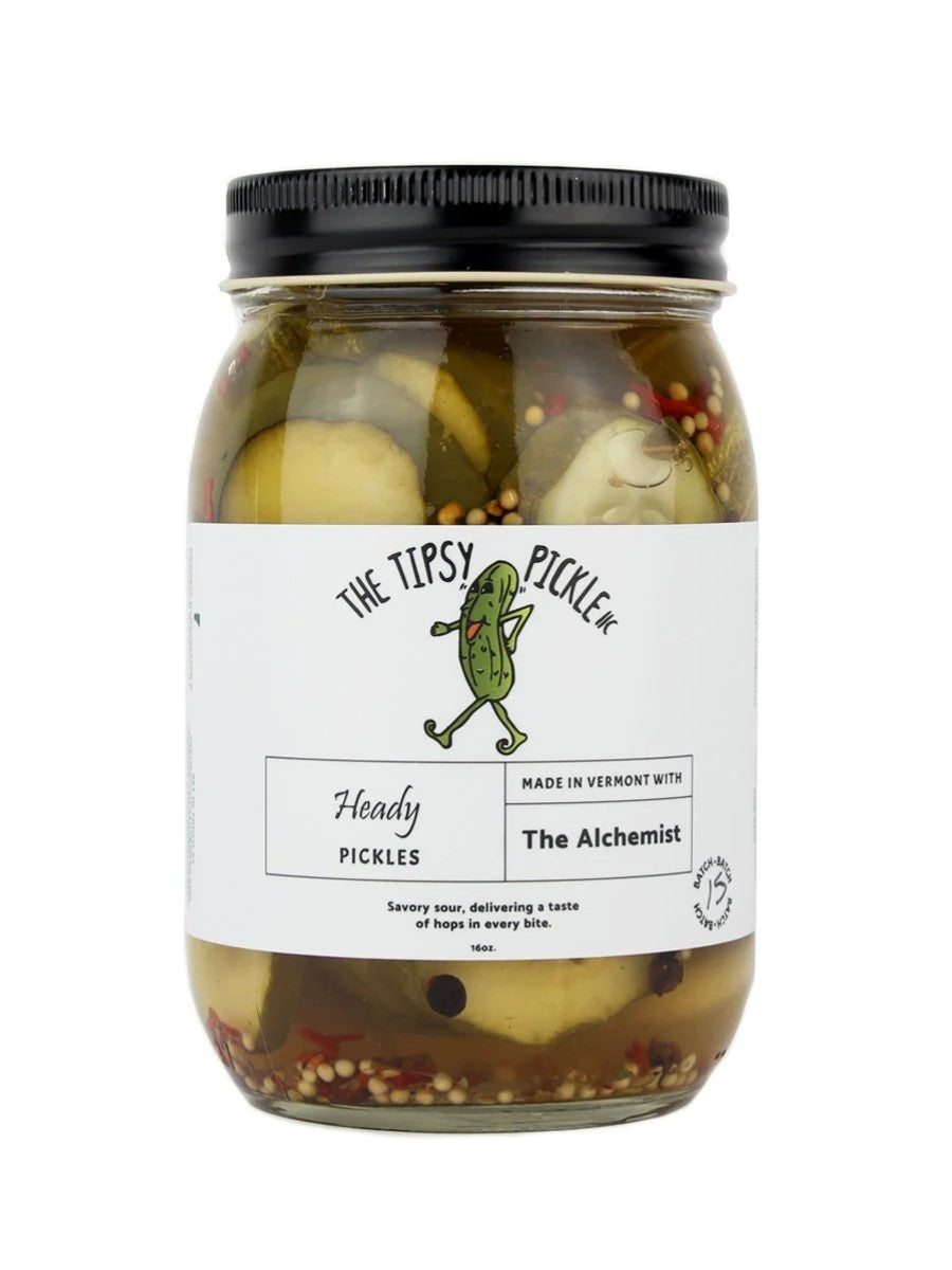 Stowe Public House & Bottle Shop Tipsy Pickle Heady pickles jar with dill, garlic, and spices. Sour, hoppy flavor.