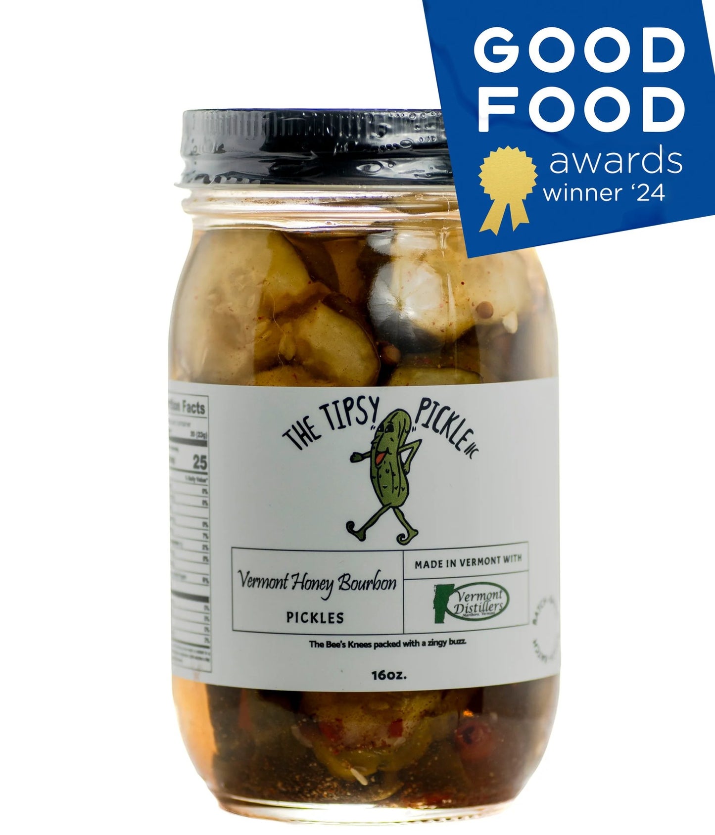 Stowe Public House & Bottle Shop Tipsy Pickle Vermont Honey Bourbon pickles in a glass jar with spices and chili flakes.