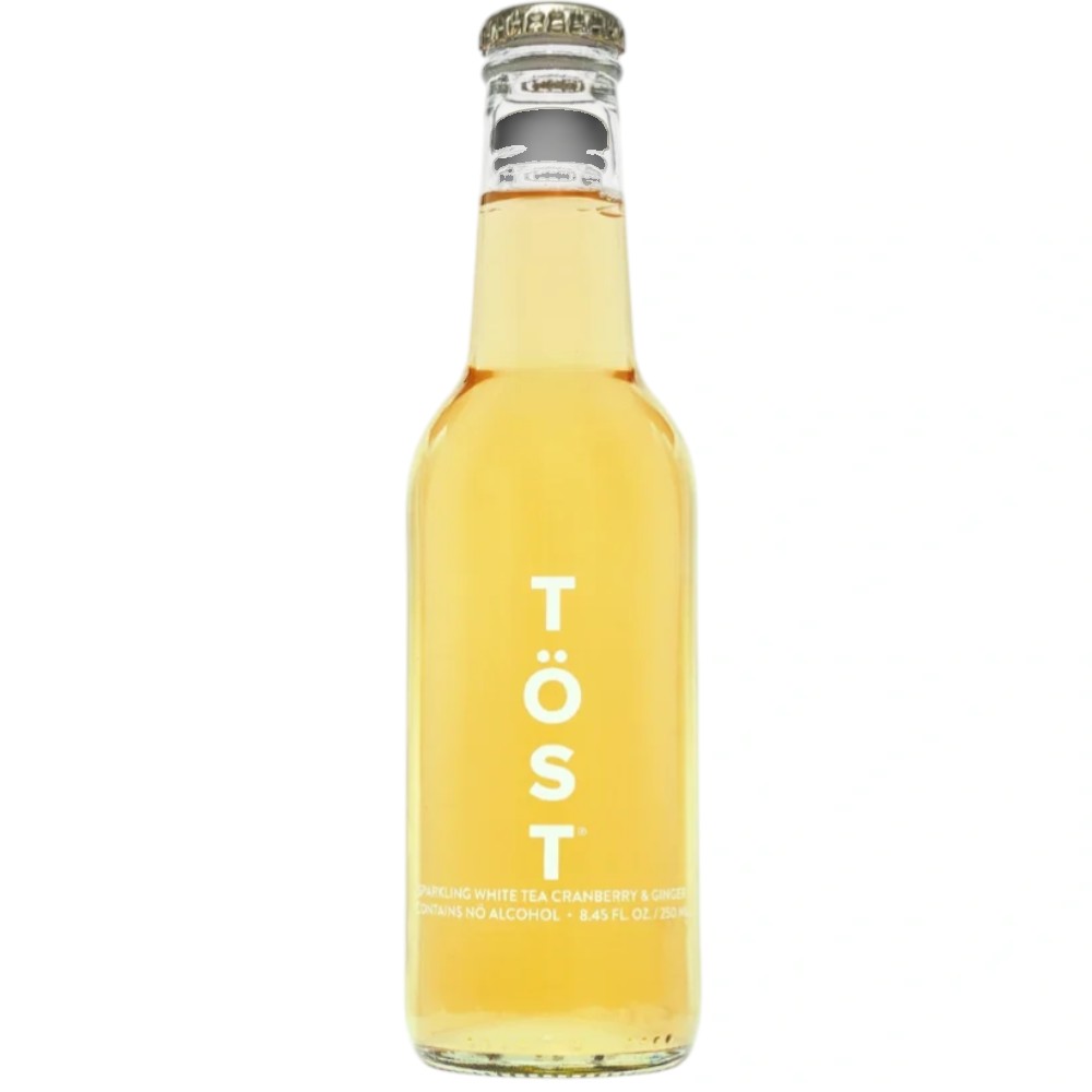 Stowe Public House & Bottle Shop Töst sparkling beverage in a clear glass bottle. White tea, cranberry, and ginger flavor.