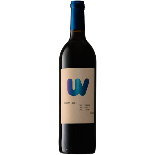 Stowe Public House & Bottle Shop Ultraviolet California Cabernet Sauvignon 2022 wine bottle with blue cap and kraft paper label featuring a glittery UV logo.