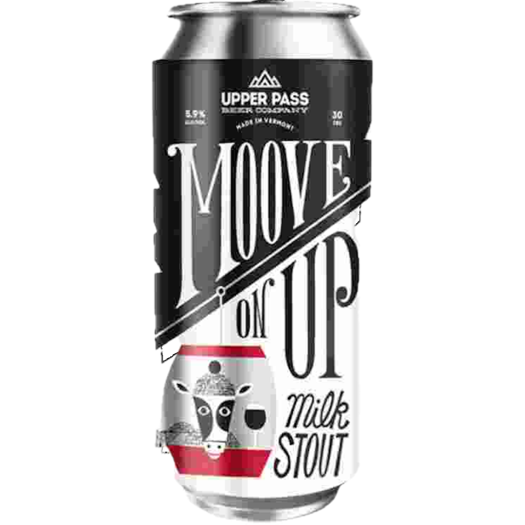Stowe Public House & Bottle Shop Upper Pass Moove on Up Milk Stout can with cow graphic and coffee notes.