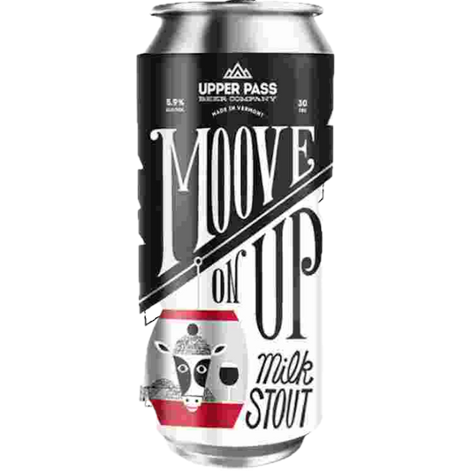 Stowe Public House & Bottle Shop Upper Pass Moove on Up Milk Stout can with cow graphic and coffee notes.