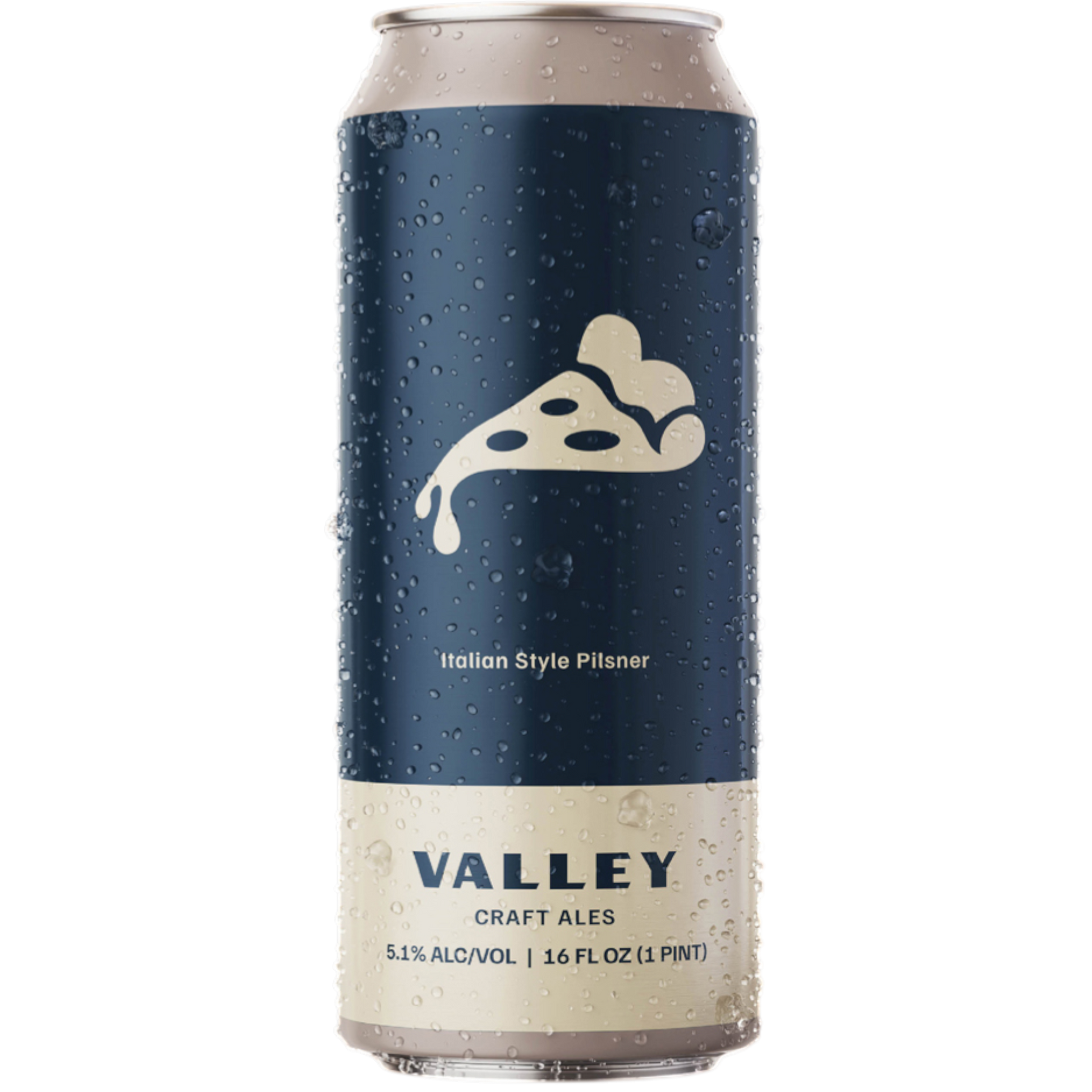 Stowe Public House & Bottle Shop Valley Craft Ales Italian Pilsner can with pizza graphic. 5.1% ABV, 16 fl oz.