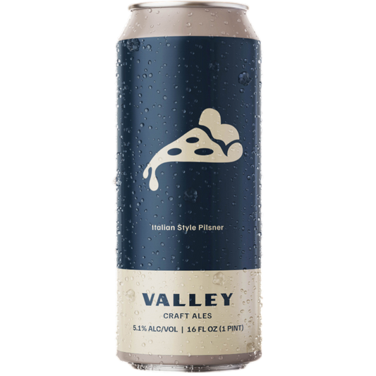 Stowe Public House & Bottle Shop Valley Craft Ales Italian Pilsner can with pizza graphic. 5.1% ABV, 16 fl oz.
