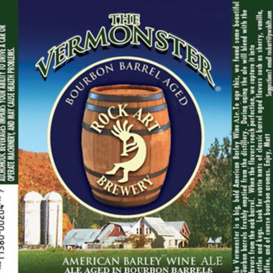 Stowe Public House & Bottle Shop The Vermonster American Barley Wine Ale aged in bourbon barrels. Features a wooden barrel with Rock Art Brewery logo.