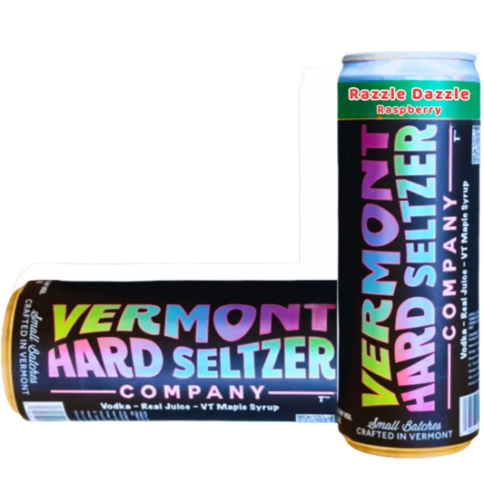 Stowe Public House & Bottle Shop Vermont Hard Seltzer Co. Razzle Dazzle Raspberry can. Features raspberry juice, premium vodka, and Vermont maple syrup.