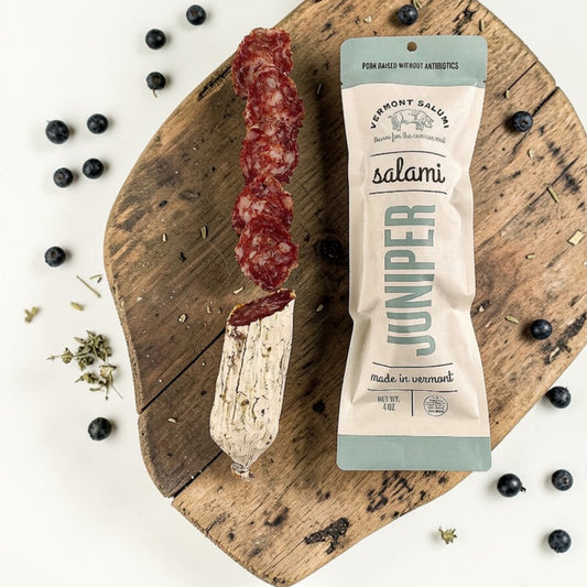 Stowe Public House & Bottle Shop Vermont Salumi Juniper salami, pork based without antibiotics, made in Vermont.