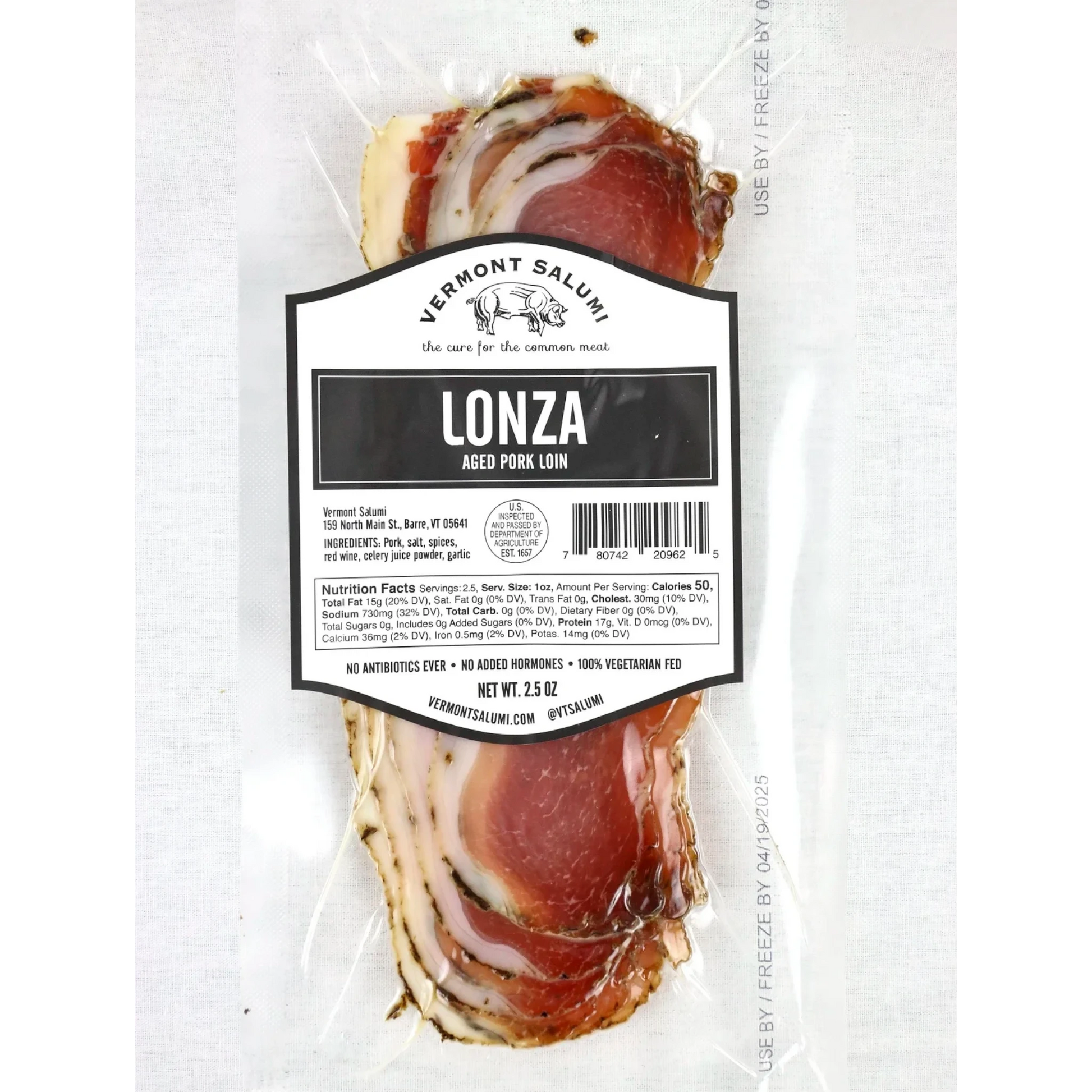 Stowe Public House & Bottle Shop Vermont Salumi Lonza aged pork loin, seasoned with herbs, cured for 2 months, 2.5 oz package.
