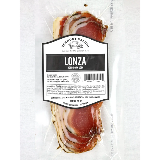 Stowe Public House & Bottle Shop Vermont Salumi Lonza aged pork loin, seasoned with herbs, cured for 2 months, 2.5 oz package.