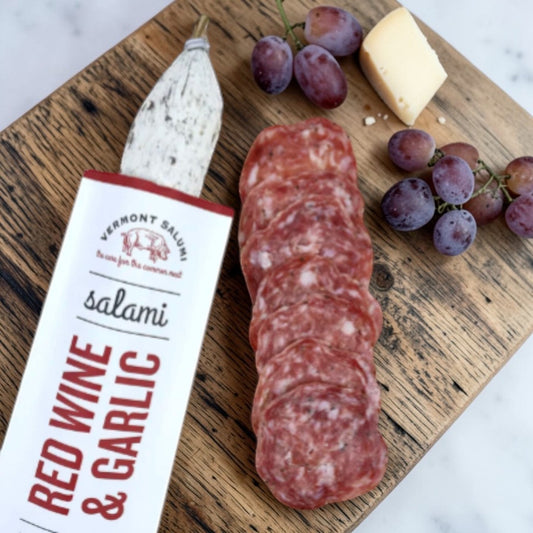 Stowe Public House & Bottle Shop Vermont Salumi Red Wine & Garlic salami, sliced and whole.