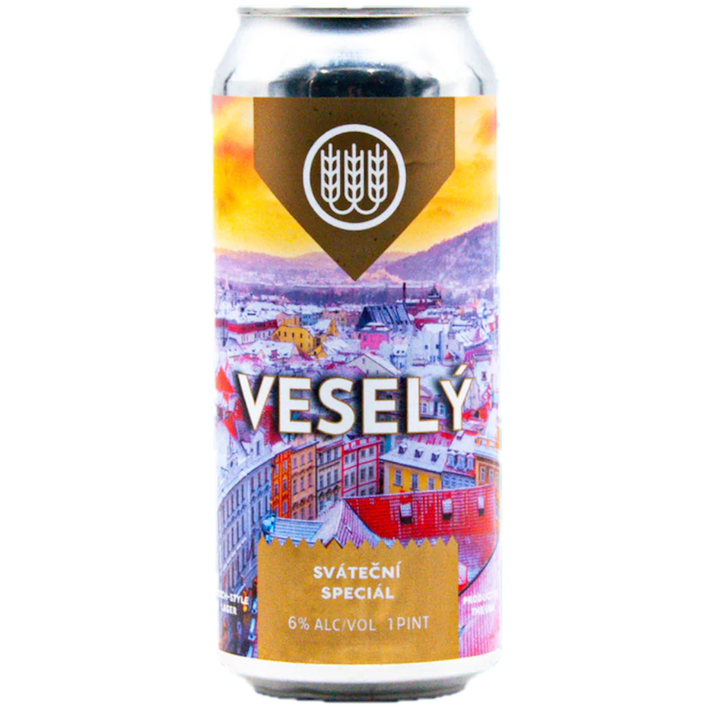 Stowe Public House & Bottle Shop Schilling Beer Co. Vesely specialty lager can with a winter city scene and festive Czech holiday imagery.