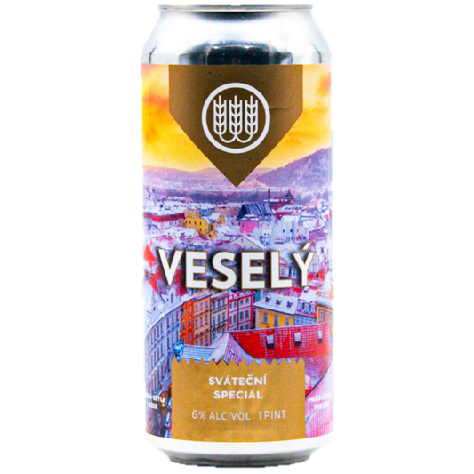 Stowe Public House & Bottle Shop Schilling Beer Co. Vesely specialty lager can with a winter city scene and festive Czech holiday imagery.