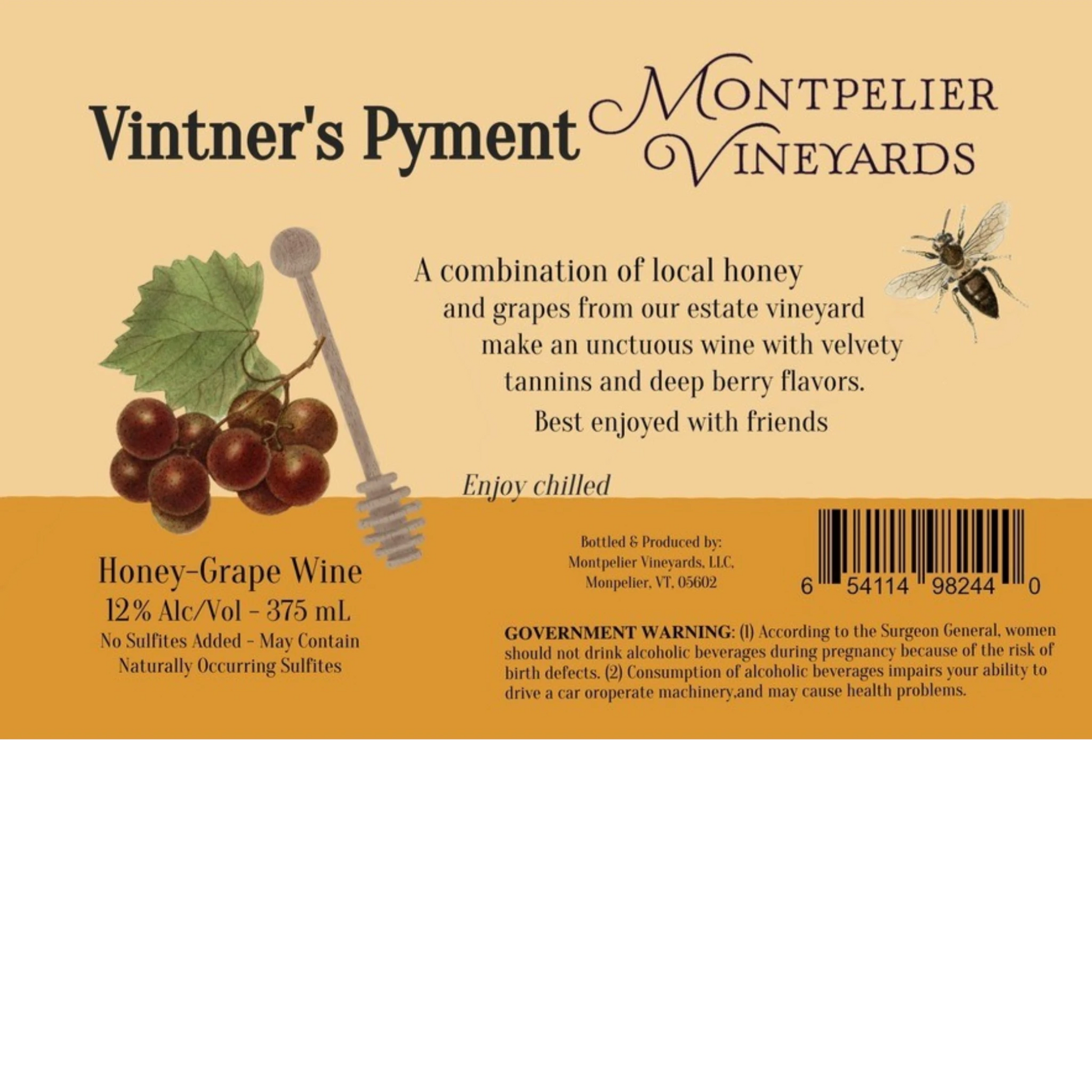 Stowe Public House & Bottle Shop Vintner's Pyment honey-grape wine with 12% ABV in a 375ml bottle.