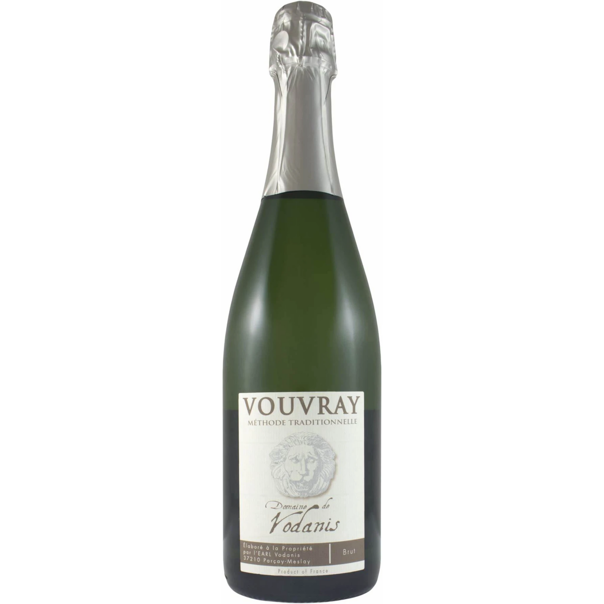 Stowe Public House & Bottle Shop Domaine de Vodanis Vouvray Brut NV sparkling wine bottle. Green glass bottle with a silver foil capsule and a cream label featuring a lion's head.