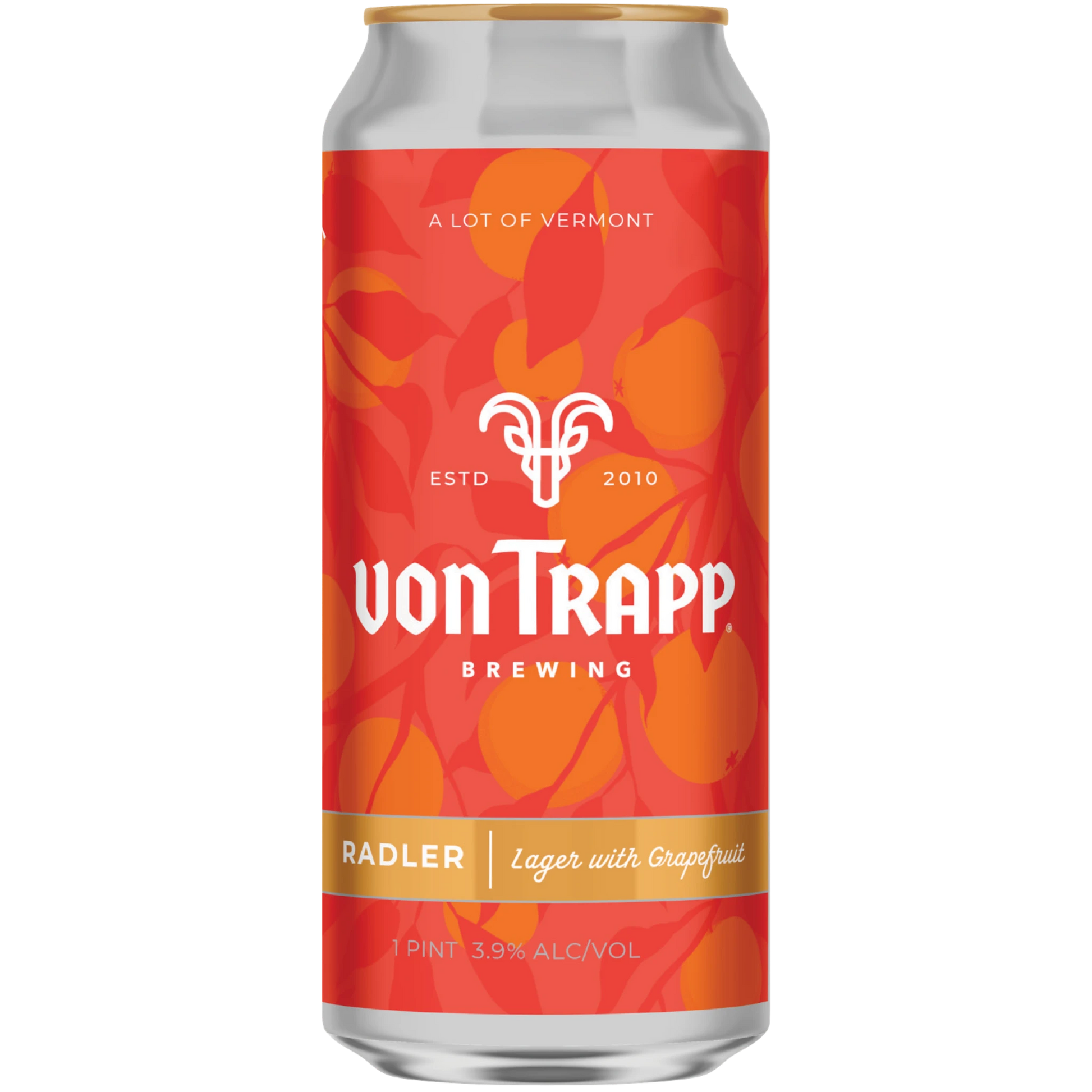 Stowe Public House & Bottle Shop Von Trapp Brewing Grapefruit Radler can with orange and red citrus fruit pattern.