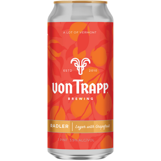 Stowe Public House & Bottle Shop Von Trapp Brewing Grapefruit Radler can with orange and red citrus fruit pattern.