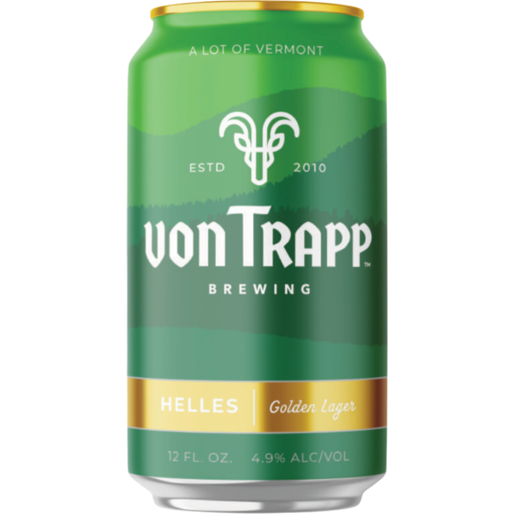 Stowe Public House & Bottle Shop von Trapp Helles Golden Lager can. Green can with gold accents and mountain landscape.